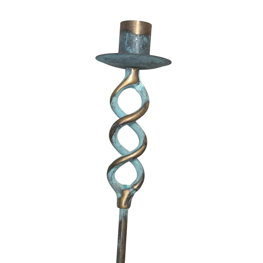 Vintage Brass Turquoise Verdigris Patina Candlestick Holder Twisted Helix 13 in.
